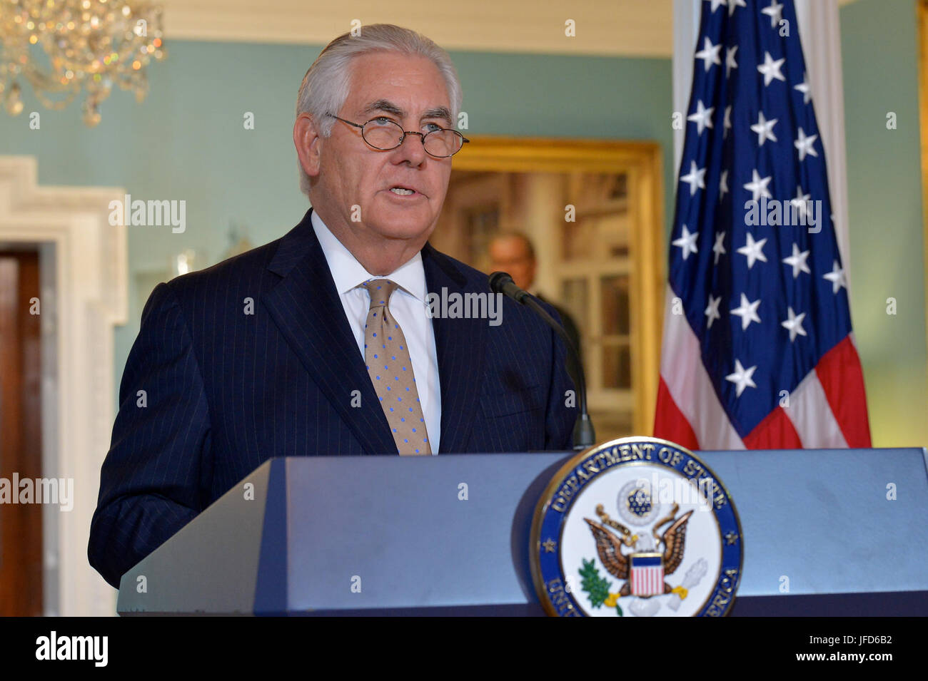 U.S. Secretary of State Rex Tillerson delivers a statement to the press at the U.S. Department of State in Washington, D.C.,  on June 9, 2017. [/ ] Stock Photo