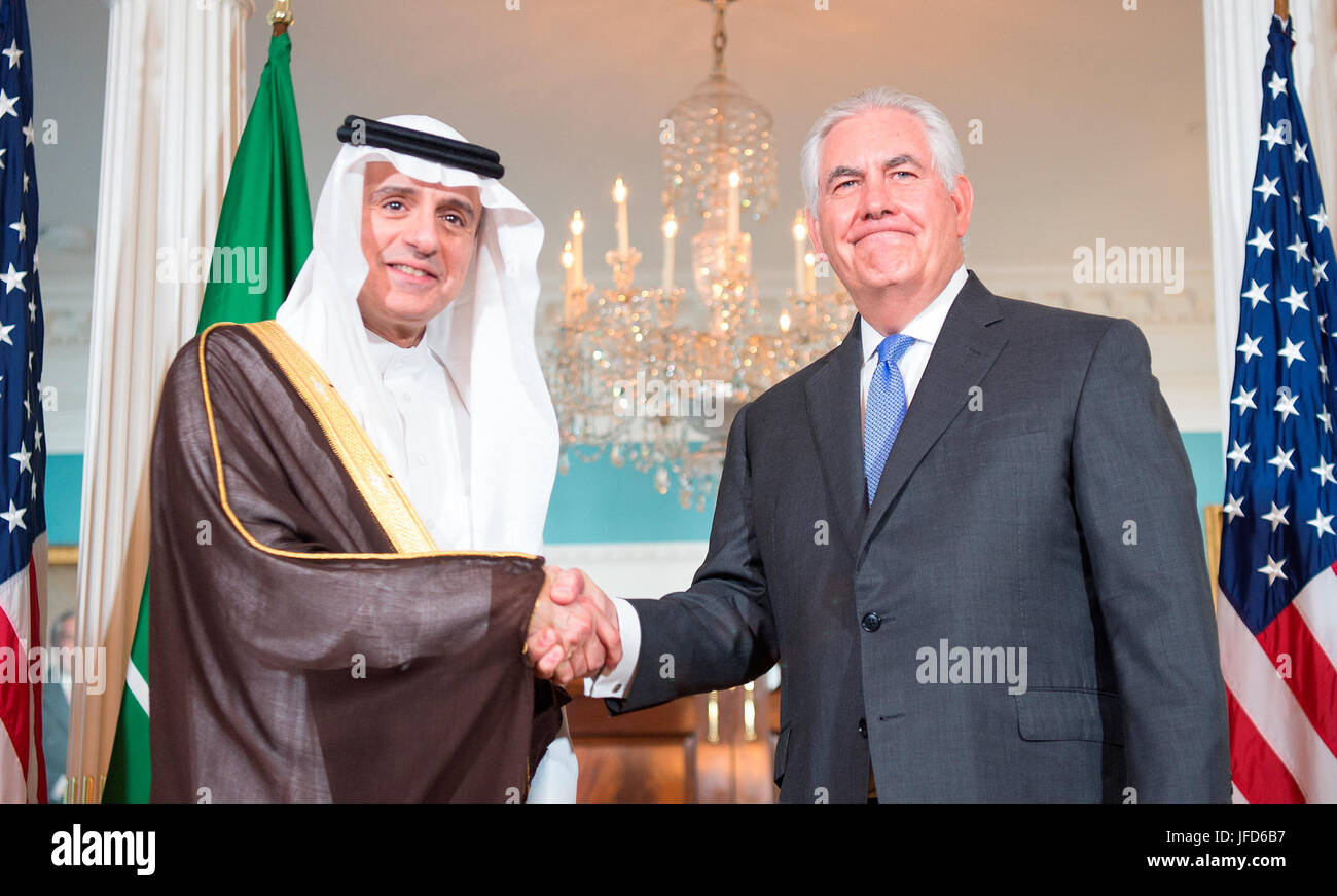U.S. Secretary of State Rex Tillerson shakes hands with Saudi Foreign Minister Adel al-Jubeir before their bilateral meeting at the U.S. Department of State in Washington, D.C., on June 13, 2017. Stock Photo