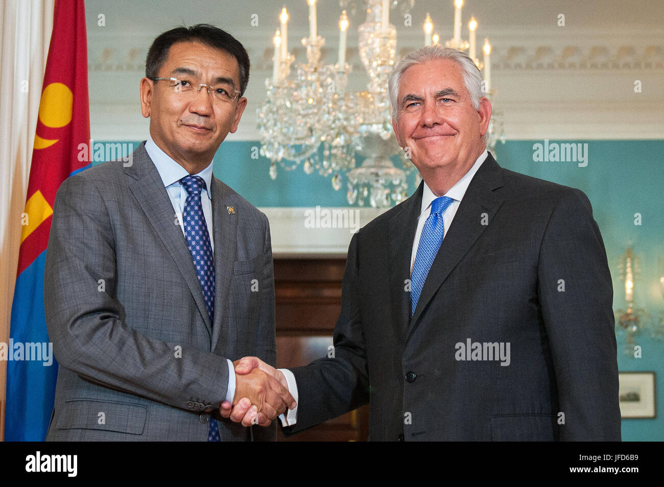 U.S. Secretary of State Rex Tillerson and Mongolian Foreign Minister Tsend Munkh-Orgil shake hands before their meeting at the U.S. Department of State in Washington, D.C., on June 13, 2017. Stock Photo