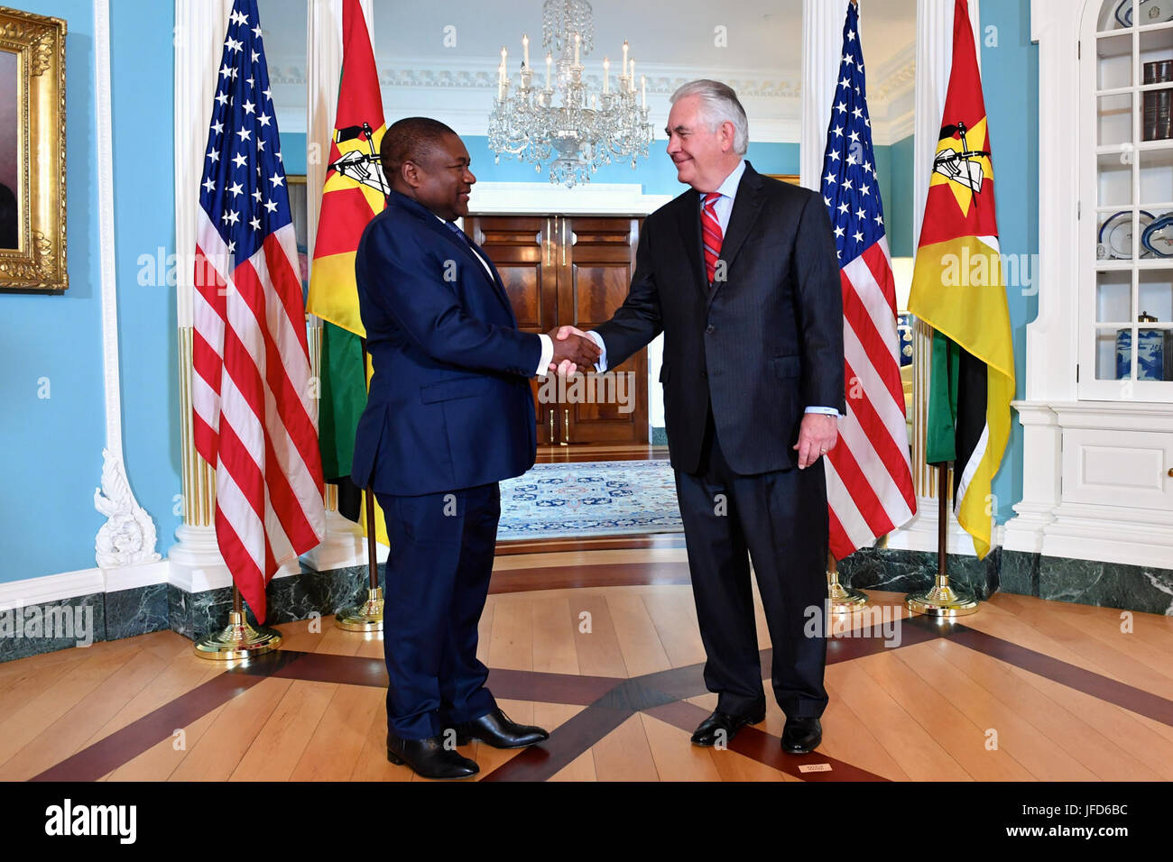 U.S. Secretary of State Rex Tillerson shakes hands with Mozambique President Filipe Jacinto Nyusi before their bilateral meeting at the U.S. Department of State in Washington, D.C., on June 14, 2017. Stock Photo
