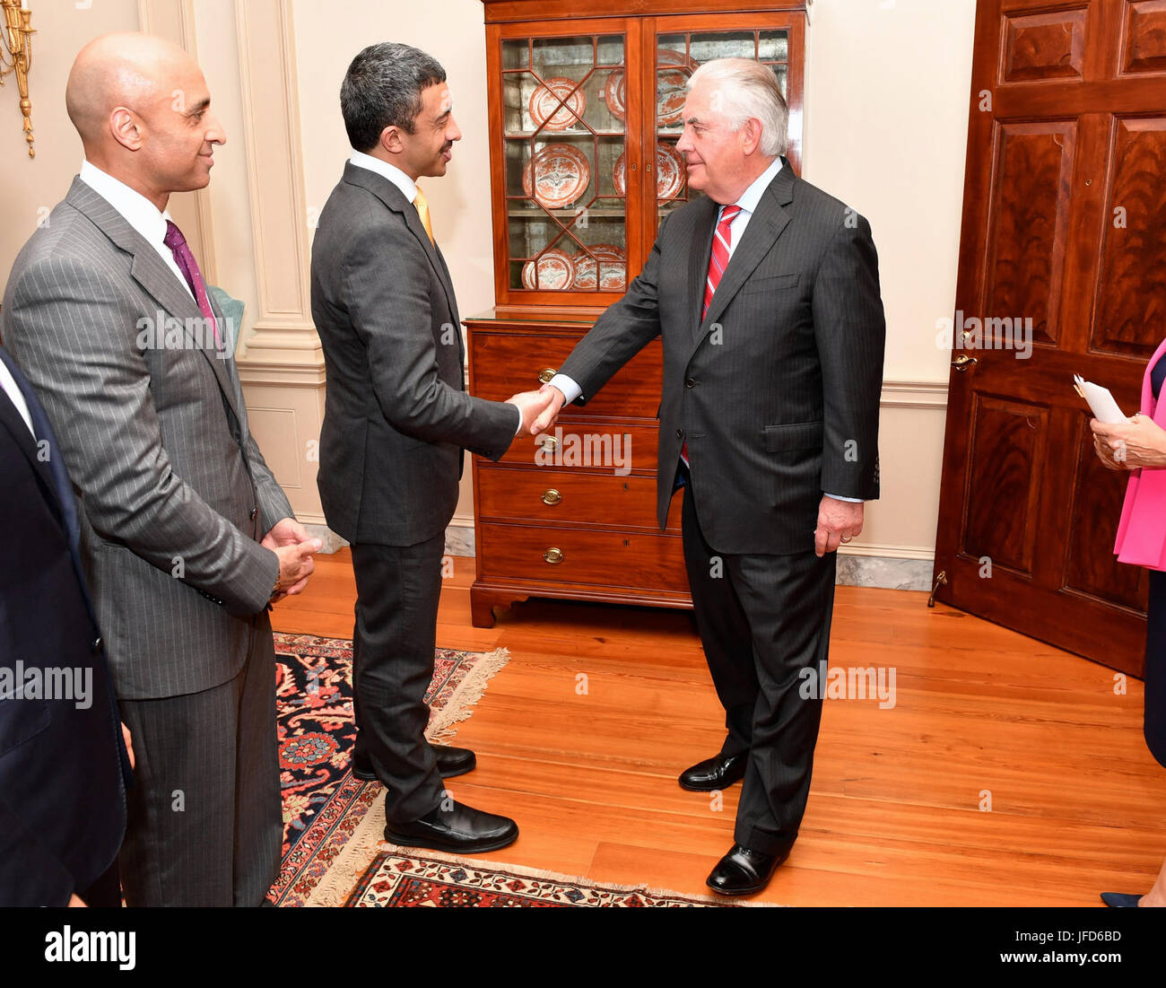 U.S. Secretary of State Rex Tillerson greets UAE Foreign Minister Abdullah bin Zayed Al Nahyan before their working dinner at the U.S. Department of State in Washington, D.C., on June 14, 2017. Stock Photo