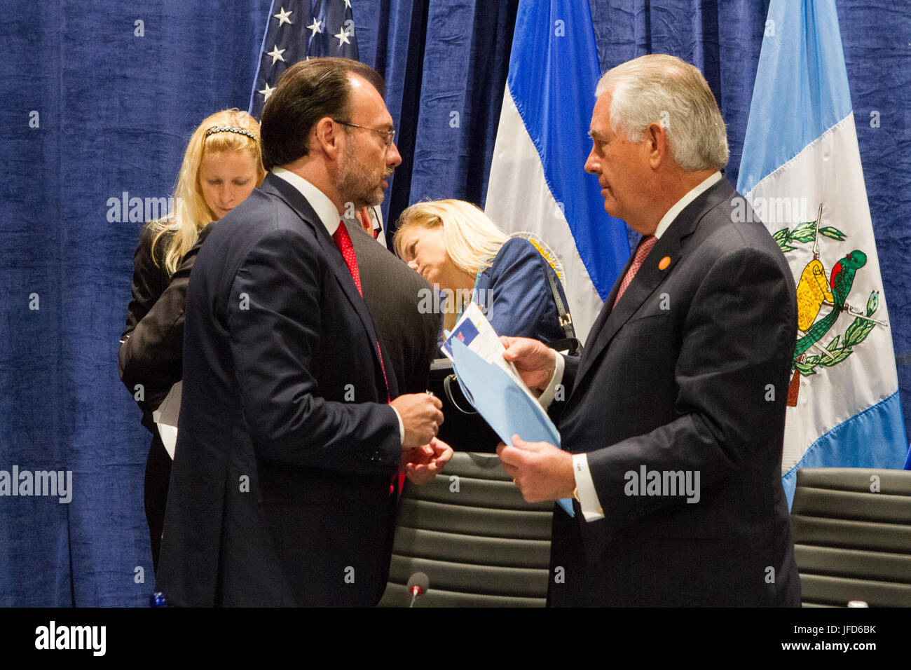 U.S. Secretary of State Rex Tillerson chats with Mexican Foreign Secretary Luis Videgaray on the margins of the Conference on Prosperity and Security in Central America, at Florida International University in Miami, Florida, on June 15, 2017. Stock Photo