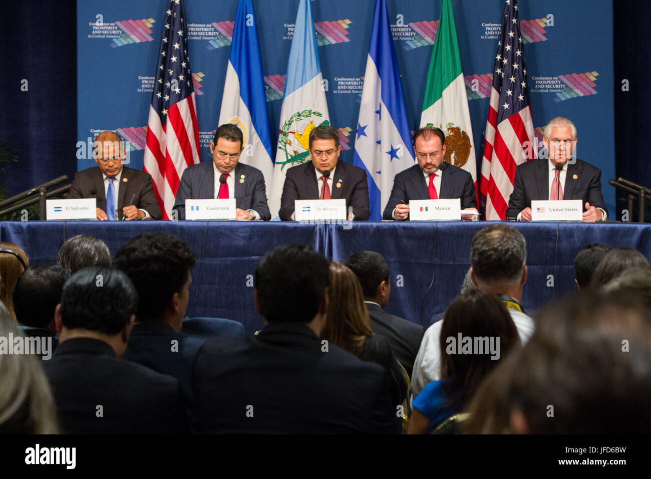 U.S. Secretary of State Rex Tillerson delivers a statement during the joint press availability with Central American counterparts from Mexico, Honduras, Guatemala, and El Salvador at the Conference for Prosperity and Security in Central America, at Florida International University, in Miami, Florida, on June 15, 2017. Stock Photo