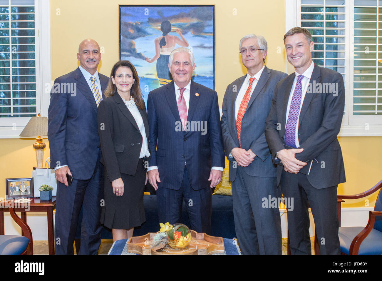 U.S. Secretary of State Rex Tillerson meets with American Business Executives at the Ronald Reagan House after a joint press availability at the Conference for Prosperity and Security in Central America, in Miami, Florida, on June 15, 2017. Stock Photo