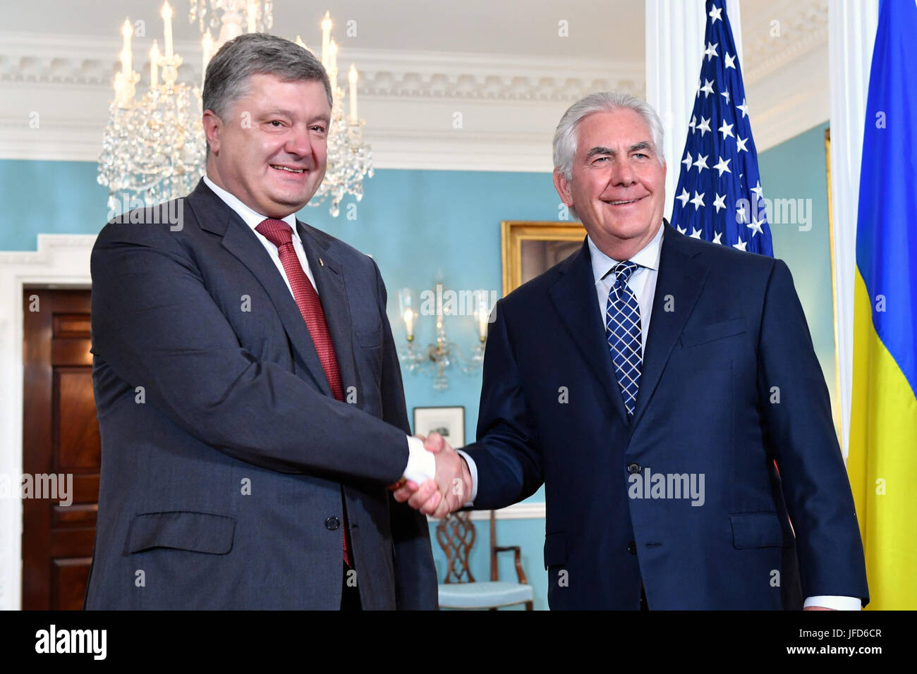U.S. Secretary of State Rex Tillerson and Ukrainian President Petro Poroshenko shake hands before their bilateral meeting at the U.S. Department of State in Washington, D.C., on June 20, 2017. Stock Photo