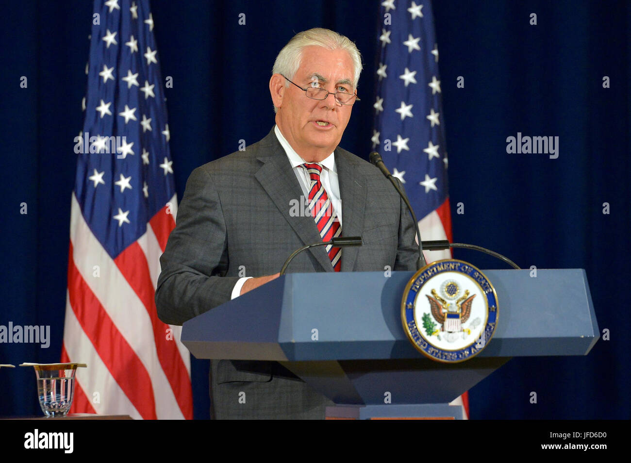 U.S. Secretary of State Rex Tillerson, with U.S. Secretary of Defense James Mattis, gives remarks following the inaugural U.S.-China Diplomatic and Security Dialogue (D&amp;SD) on June 21, 2017, at the U.S. Department of State in Washington, D.C. Stock Photo
