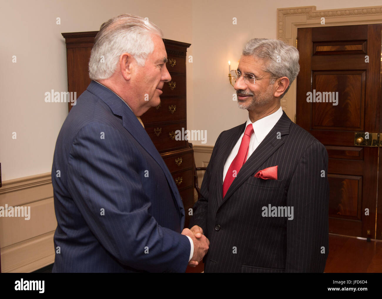 U.S. Secretary of State Rex Tillerson greets Indian Foreign Secretary Subrahmanyam Jaishankar before their bilateral meeting at the U.S. Department of State in Washington, D.C., on June 23, 2017. Stock Photo