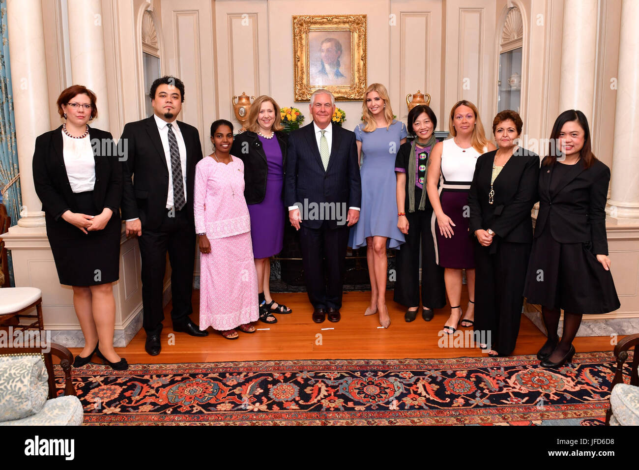 U.S. Secretary of State Rex Tillerson, Advisor to the President Ivanka Trump and Ambassador-at-Large to Monitor and Combat Trafficking in Persons and Senior Advisor to the Secretary of State Susan Coppedge pose for a photo with the 2017 Trafficking in Persons Heroes at the U.S. Department of State in Washington, D.C., on June 27, 2017. The 2017 TIP Heroes are Alika Kinan of #Argentina, Leonardo Sakamoto of #Brazil, Vanaja Jasphine of #Cameroon, Viktoria Sebhelyi of #Hungary, Mahesh Muralidhar Bhagwat of #India, Amina Oufroukhi of #Morocco, Allison Lee of #Taiwan, and Boom Mosby of #Thailand. Stock Photo