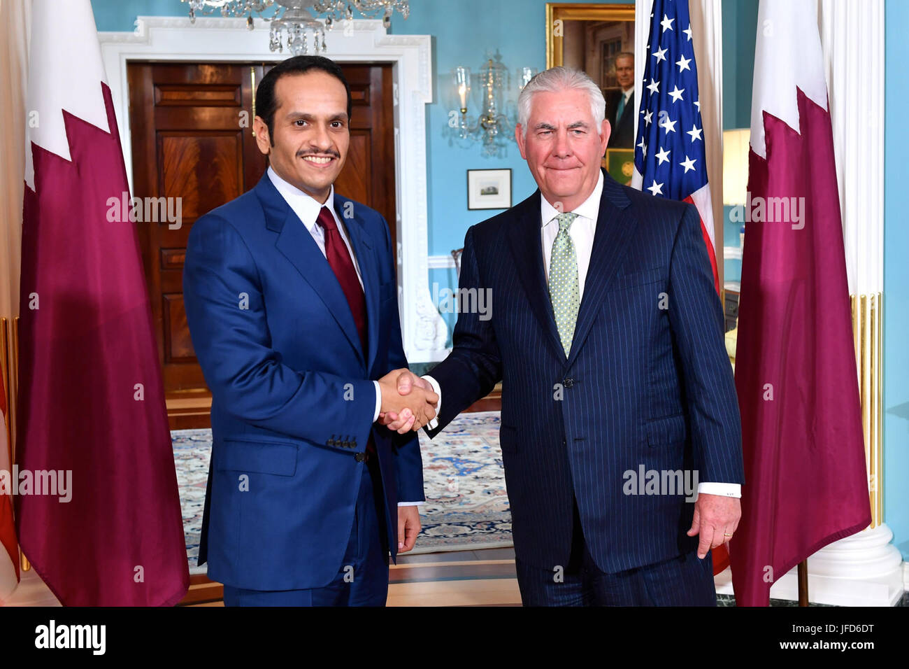 U.S. Secretary of State Rex Tillerson poses for a photo with Qatari Foreign Minister Sheikh Mohammed bin Abdulrahman Al Thani before their meeting at the U.S. Department of State in Washington, D.C., on June 27, 2017. Stock Photo