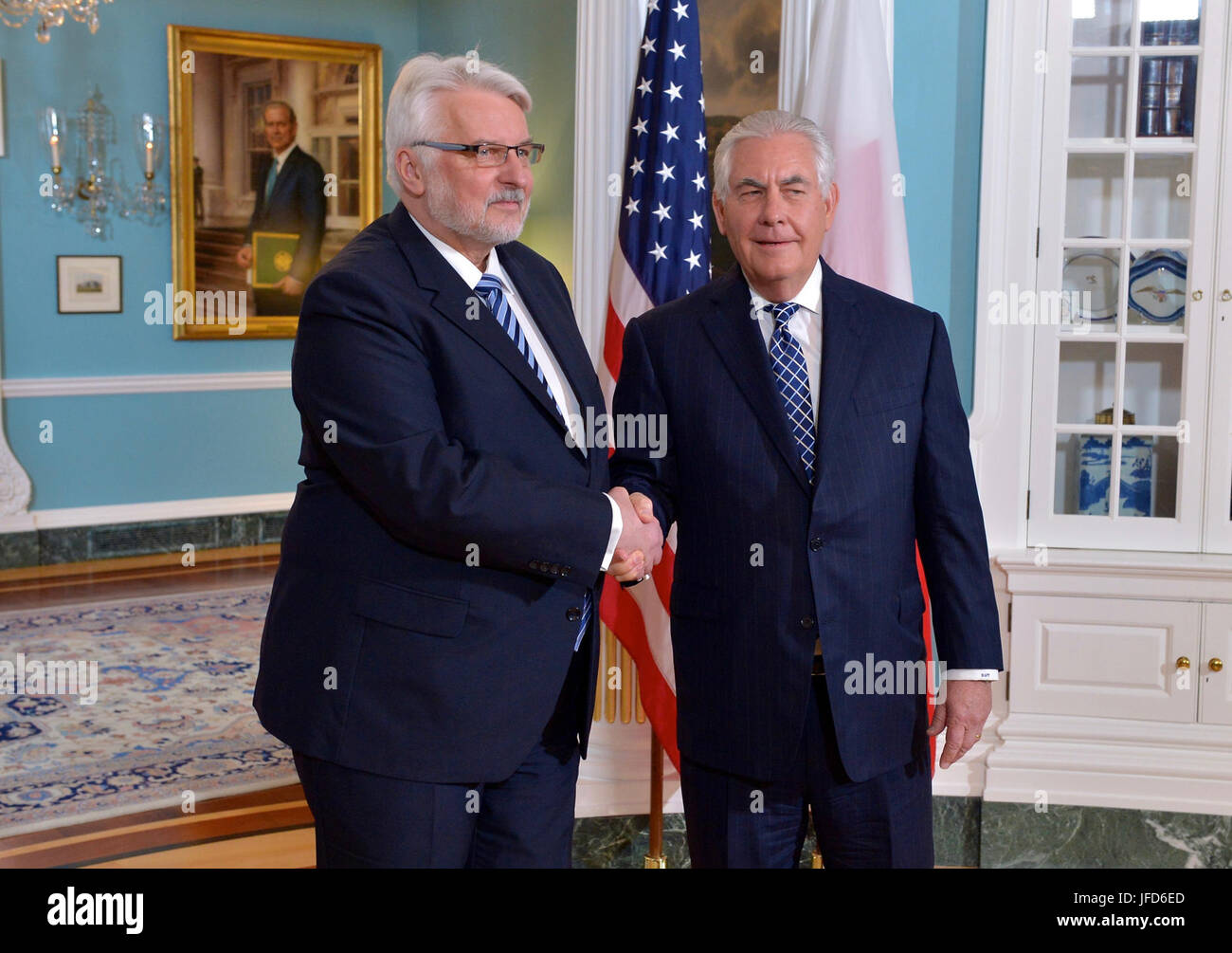 U.S. Secretary of State Rex Tillerson shakes hands with Polish Foreign Minister Witold Waszczykowski at the U.S. Department of State in Washington, D.C., on April 19, 2017. Stock Photo