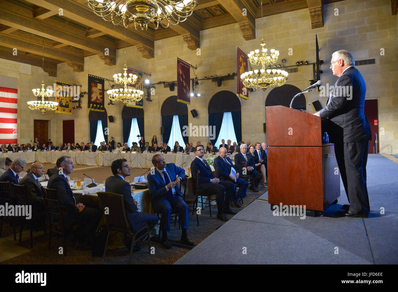 U.S. Secretary of State Rex Tillerson delivers remarks at the U.S. Chamber of Commerce’s U.S.-Saudi CEO Summit, at the U.S. Department of Commerce in Washington, D.C. on April 19, 2017. Stock Photo