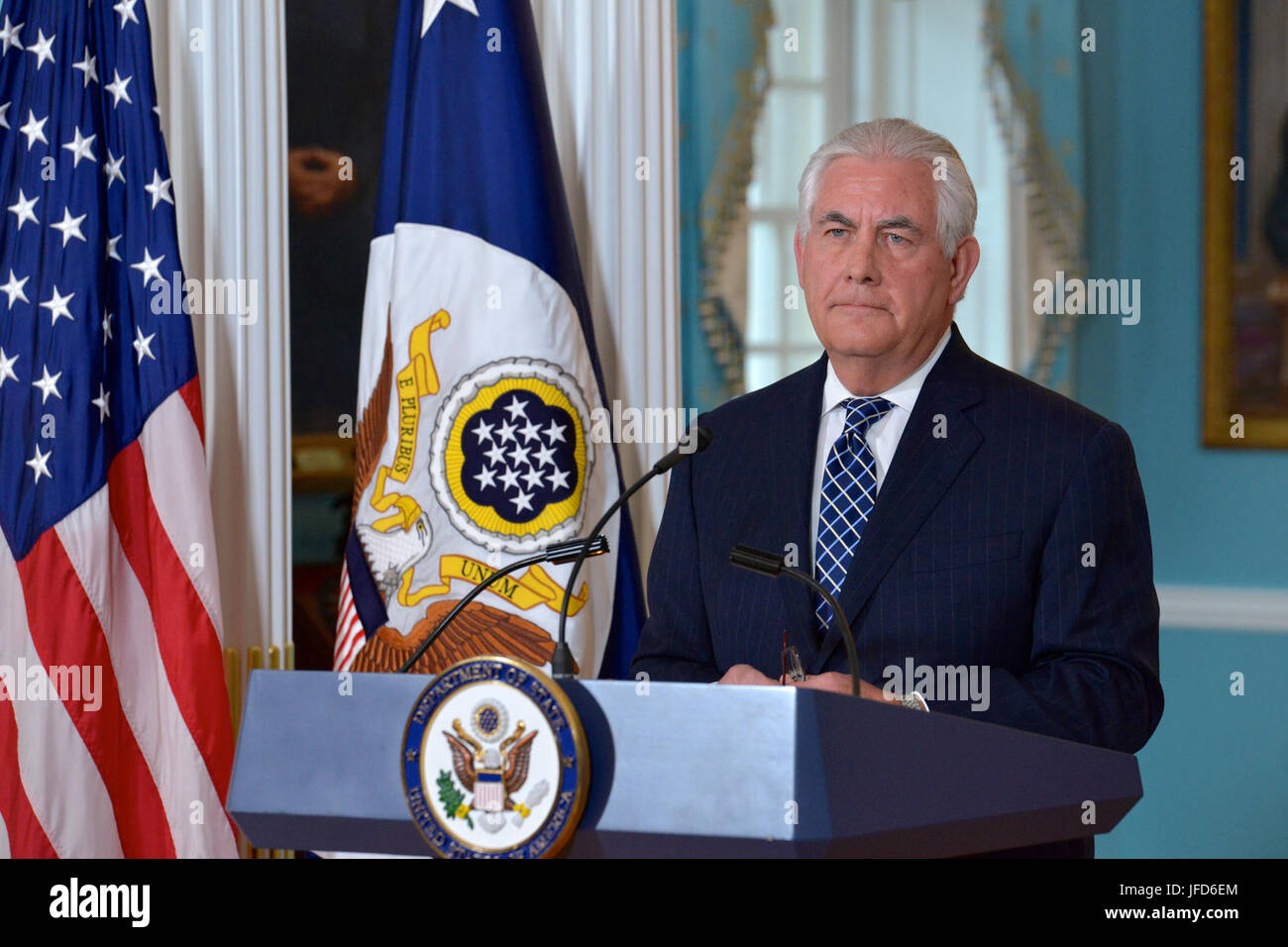U.S. Secretary of State Rex Tillerson answers questions after delivering remarks at a press availability, at the U.S. Department of State in Washington, DC., April 19, 2017. Stock Photo