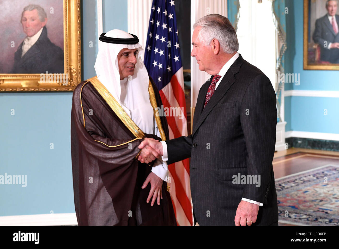 U.S. Secretary of State Rex Tillerson greets Saudi Foreign Minister Adel al-Jubeir before their bilateral meeting at the U.S. Department of State in Washington, D.C., on May 2, 2017. Stock Photo