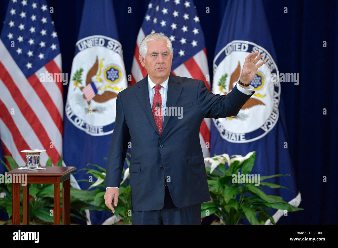 U.S. Secretary of State Rex Tillerson addresses State Department employees at the Department in Washington, D.C., on May 3, 2017. Stock Photo