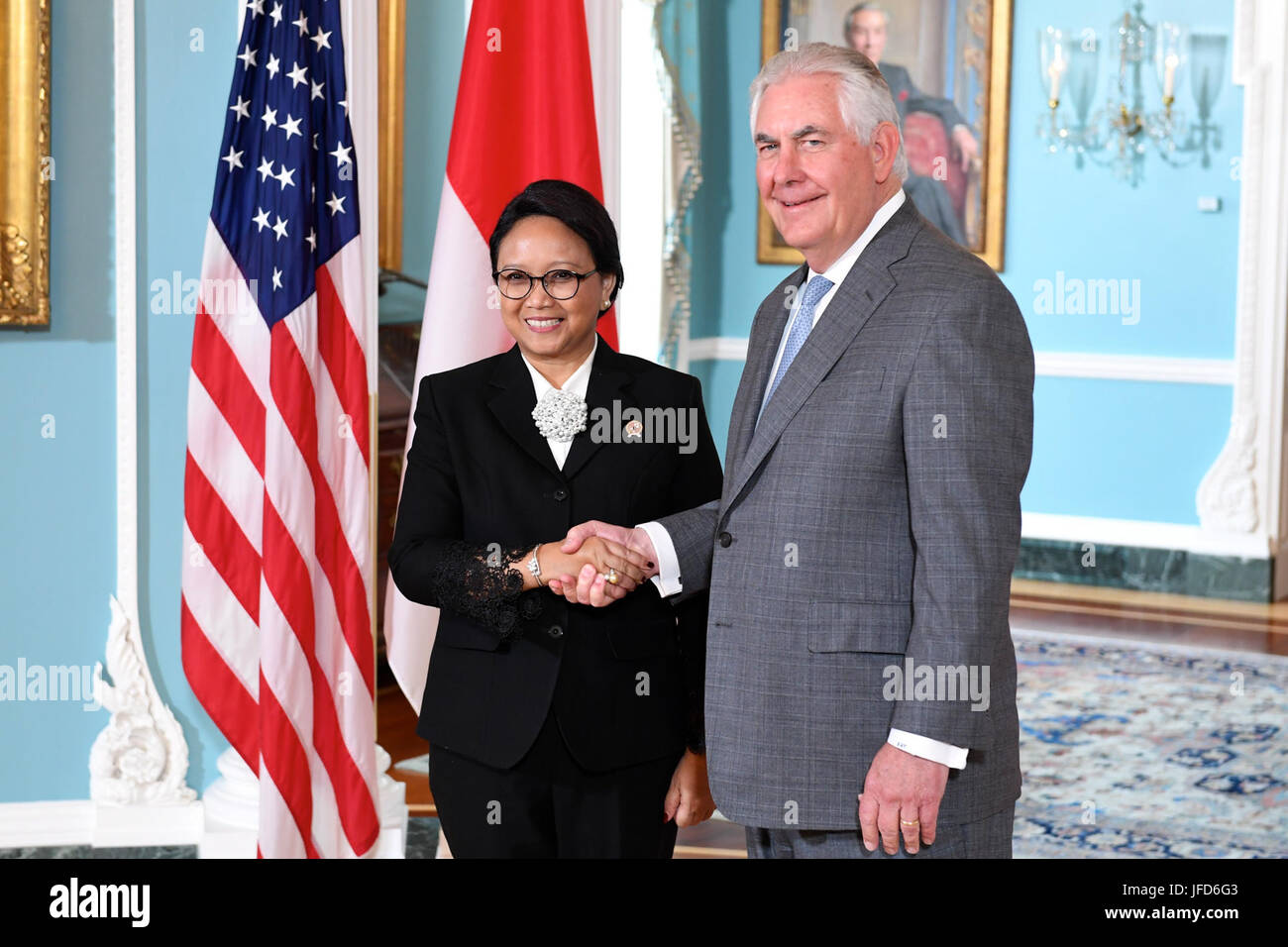 U.S. Secretary of State Rex Tillerson shakes hands with Indonesian Foreign Minister Retno Marsudi before their bilateral meeting at the U.S. Department of State in Washington, D.C., on May 4, 2017. Stock Photo