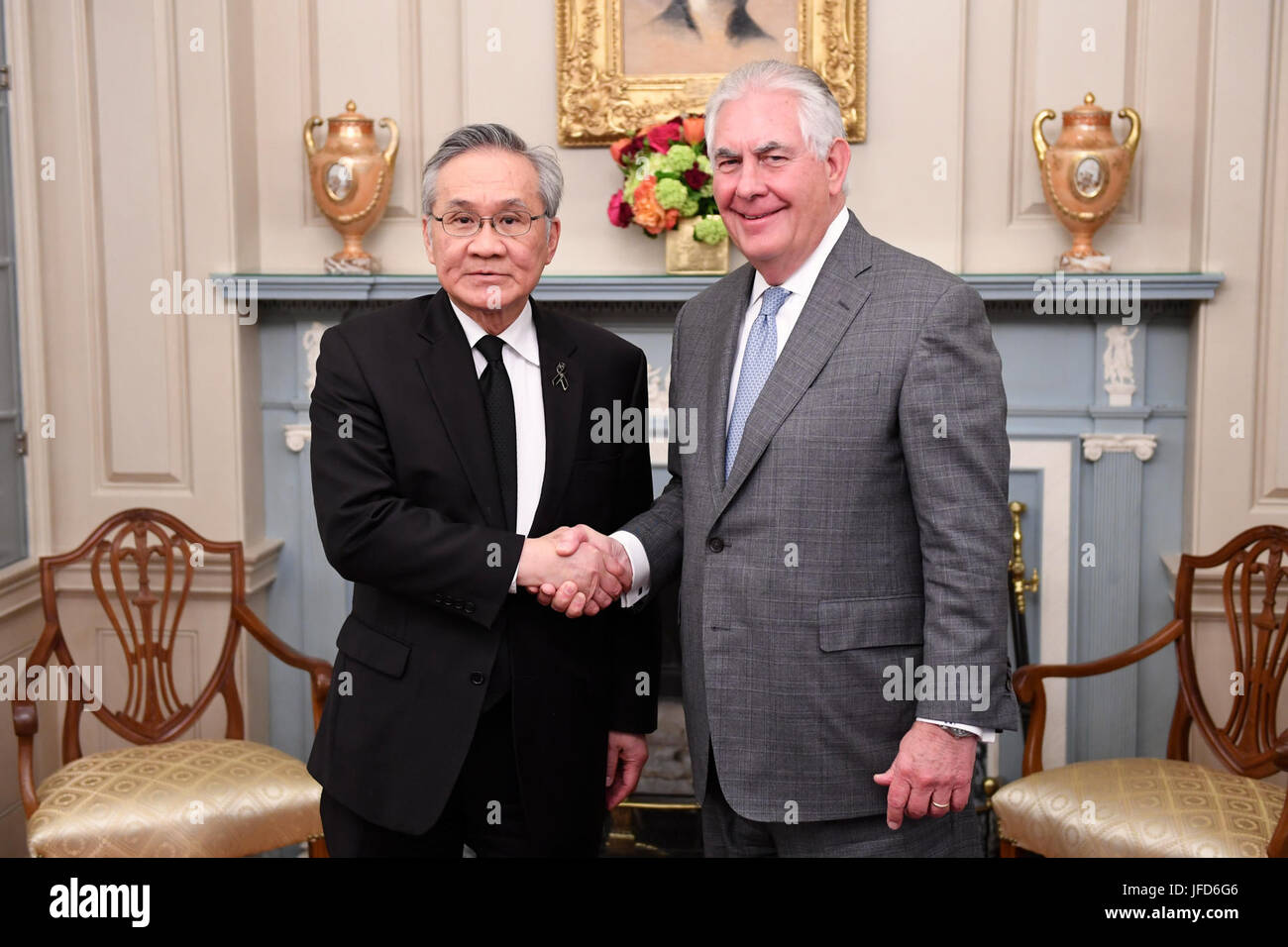 U.S. Secretary of State Rex Tillerson poses for a photo with Thai Foreign Minister Don Pramudwinai before their bilateral meeting at the U.S. Department of State in Washington, D.C., on May 4, 2017. Stock Photo