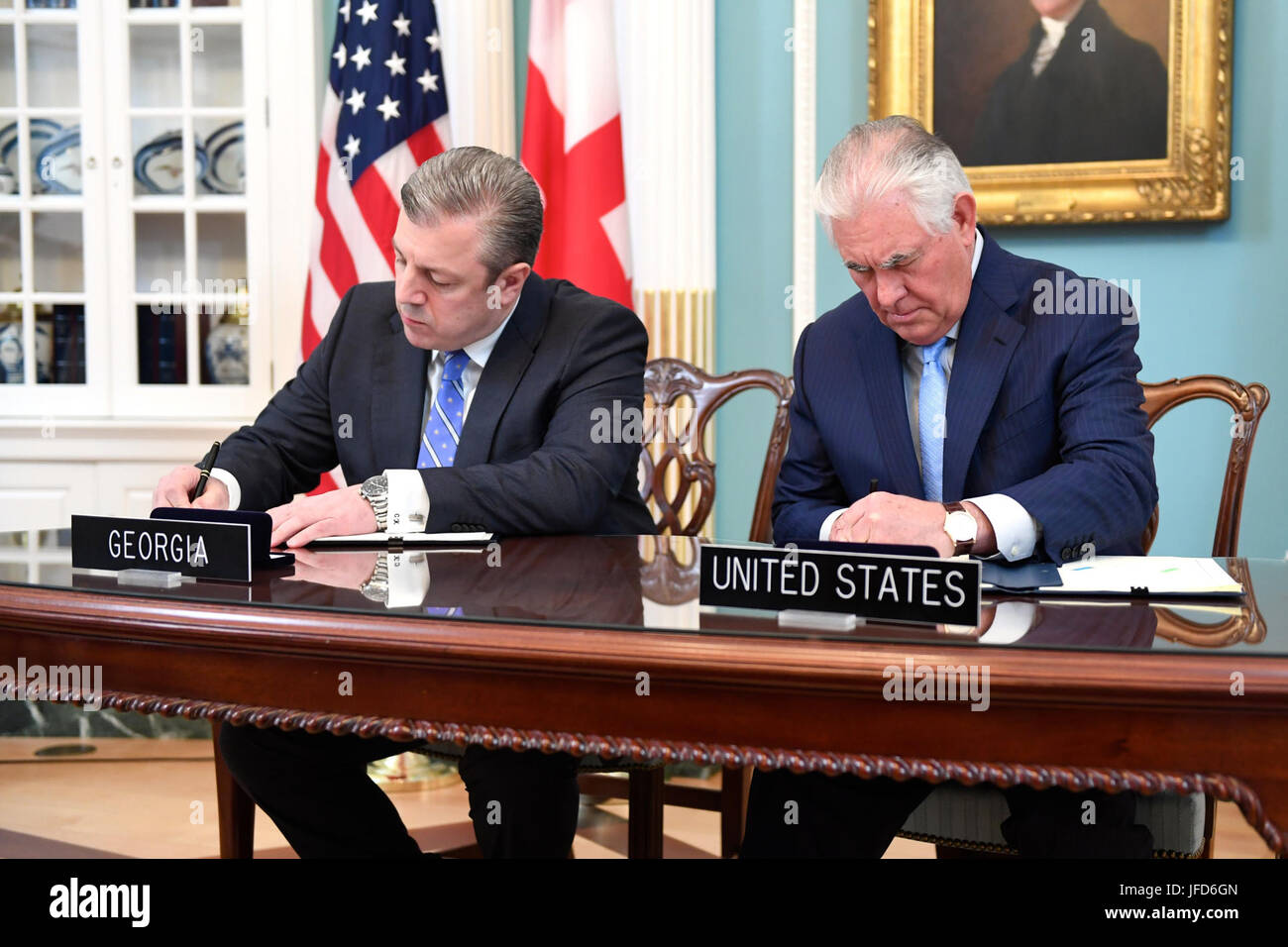 U.S. Secretary of State Rex Tillerson and Georgian Prime Minister Giorgi Kvirikashvili participate in a signing ceremony for the U.S.-Georgia General Security of Information Agreement, at the U.S. Department of State in Washington, D.C., on May 9, 2017. Stock Photo