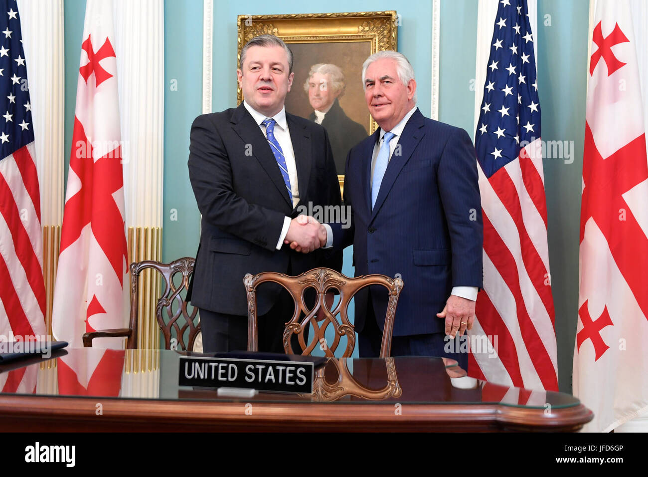 U.S. Secretary of State Rex Tillerson shakes hands with Georgian Prime Minister Giorgi Kvirikashvili after signing the the U.S.-Georgia General Security of Information Agreement at the U.S. Department of State in Washington, D.C., on May 9, 2017. Stock Photo