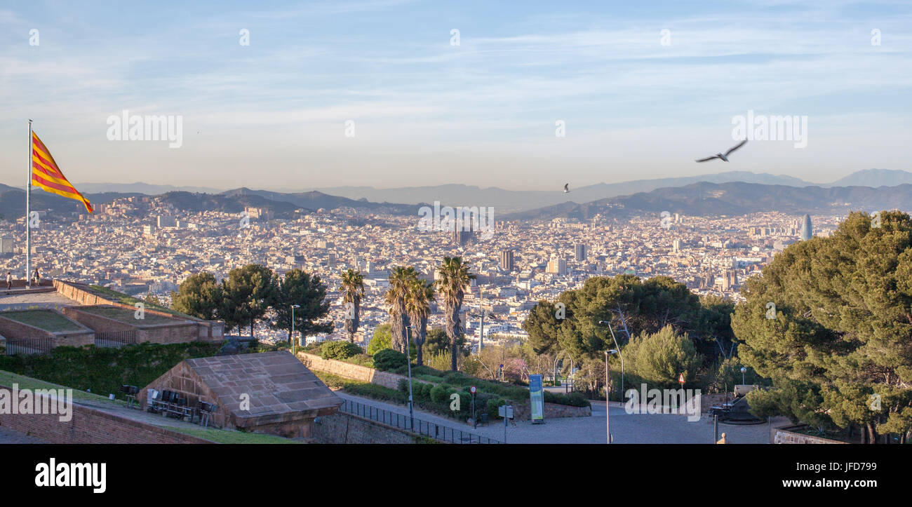 Aerial view of Barcelona city with flag Stock Photo - Alamy