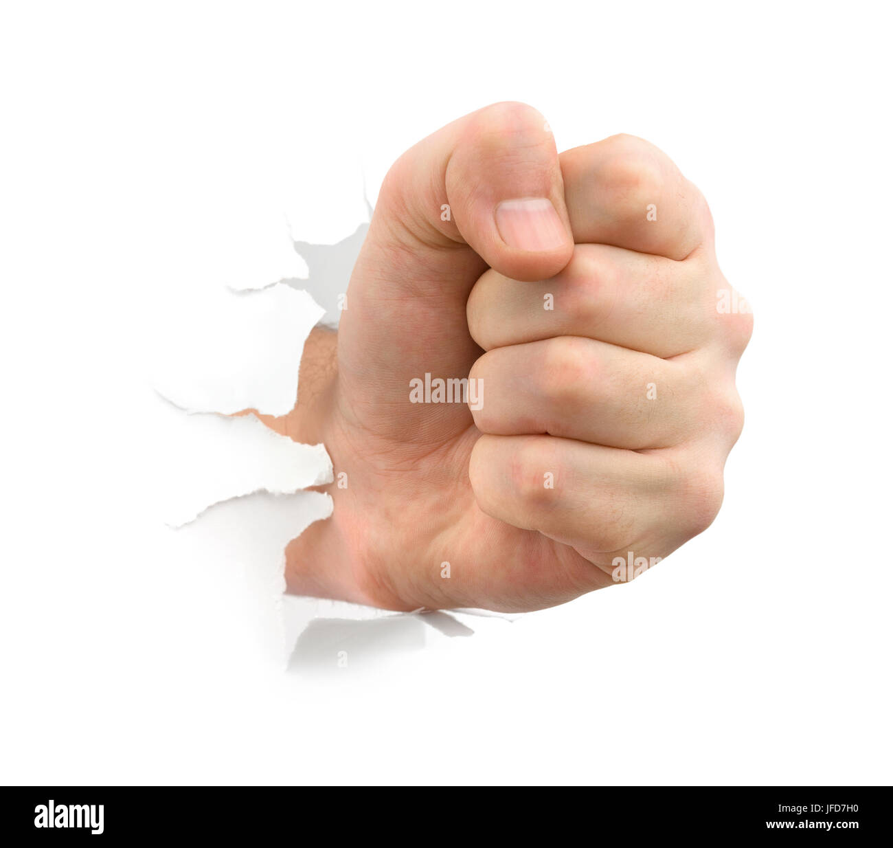 Fist punching paper Stock Photo Alamy