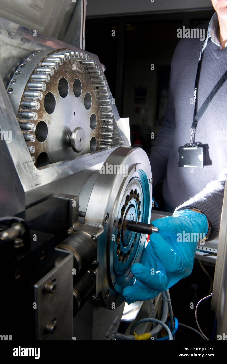 Wheel holding small tubes containing samples of purified CO2 derived from organic material to be dated by the Oxford radiocarbon dating unit. Stock Photo