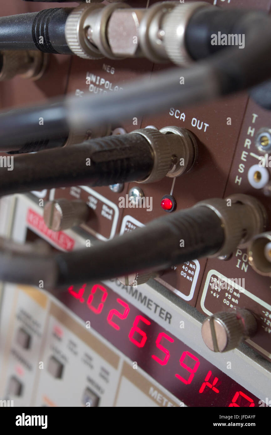 Radiocarbon dating. Counting carbon-14 isotopes. Stock Photo