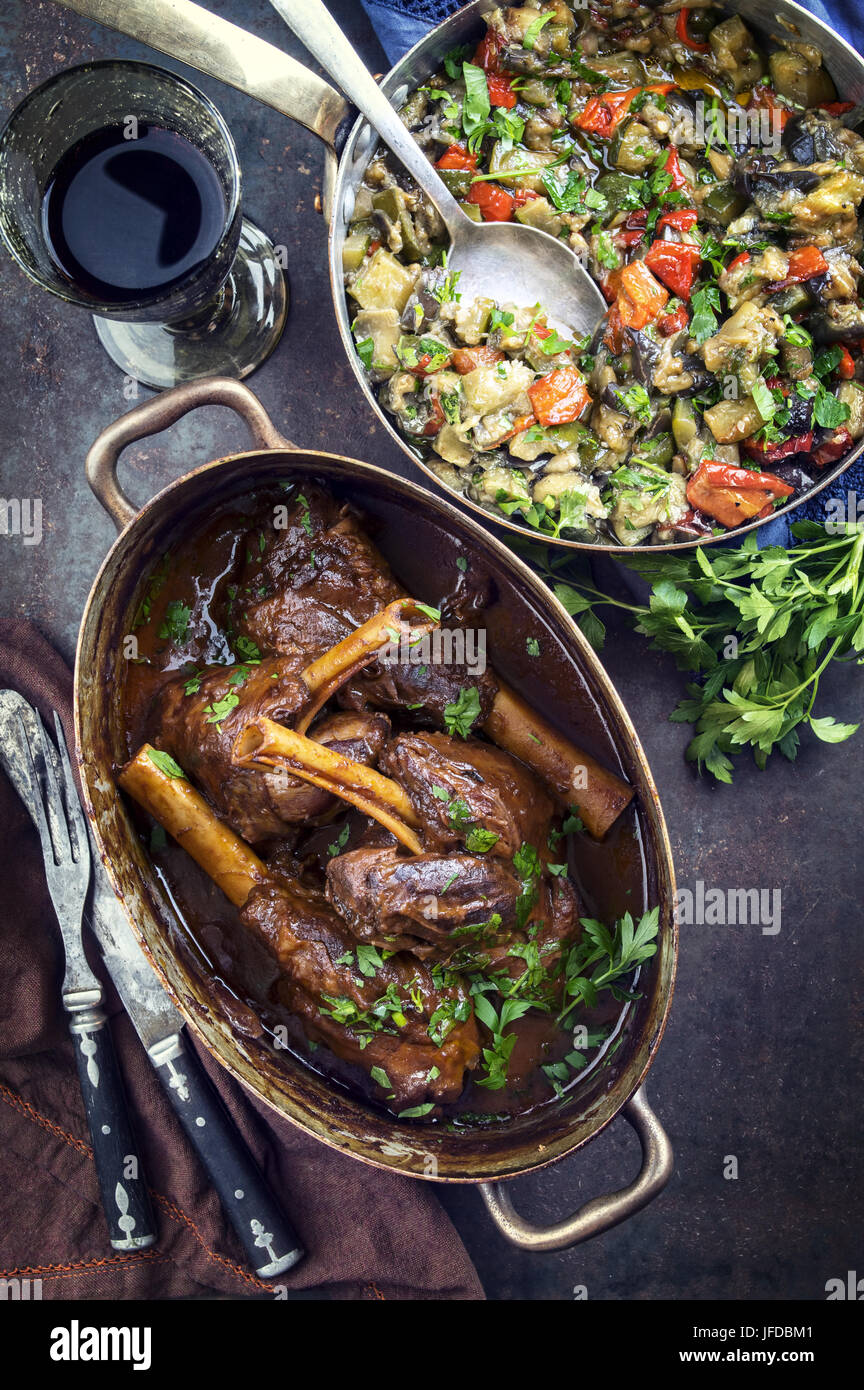 Slow Cooked Lamb Shanks in Red Wine Sauce Stock Photo