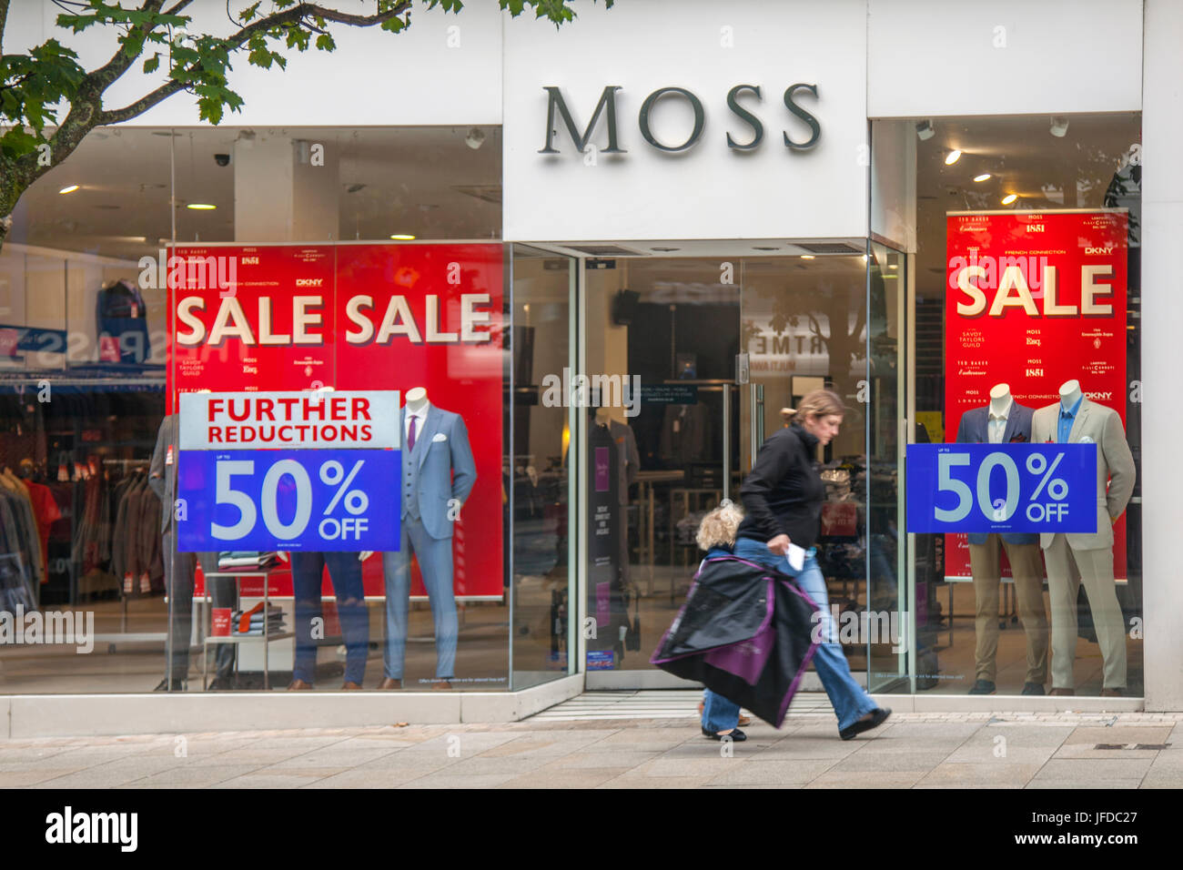 Moss Bros. Designer menswear Shop front %0% Summer Sales reductions  Posters, in Fishergate Preston, UK Stock Photo - Alamy