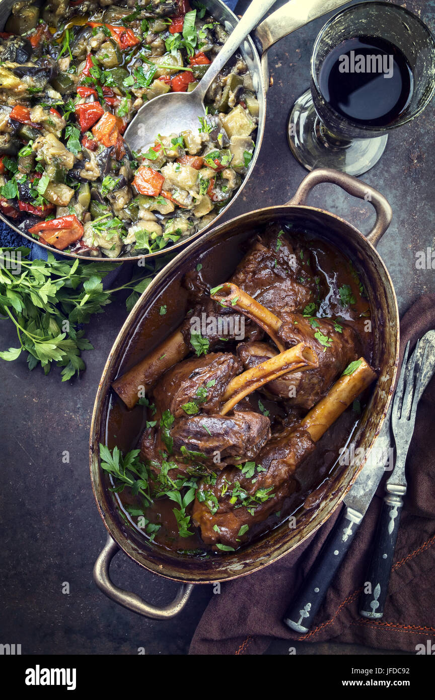 Slow Cooked Lamb Shanks in Red Wine Sauce Stock Photo