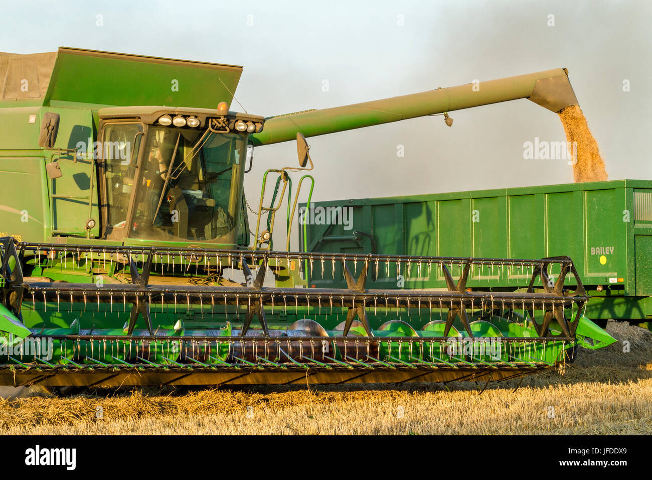 Discharging wheat grain from a combine harvester to a trailer, Nottinghamshire, England, UK Stock Photo