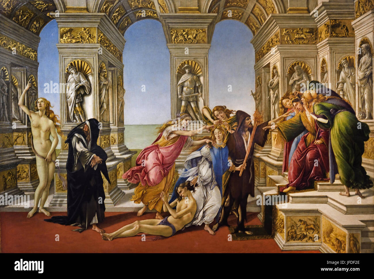 Calumny of Apelles 1495 Sandro Botticelli  ( Alessandro di Mariano Filipepi ) 1445-1510 Florence Italian painter Florentine school Early Renaissance. (Botticelli made this painting on the description of a painting by Apelles, a Greek painter of the Hellenistic Period. Apelles Stock Photo