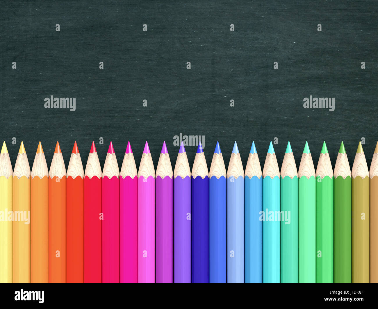 row of colorful pencils with a chalkboard on background, empty space for custom text or image (3d render) Stock Photo