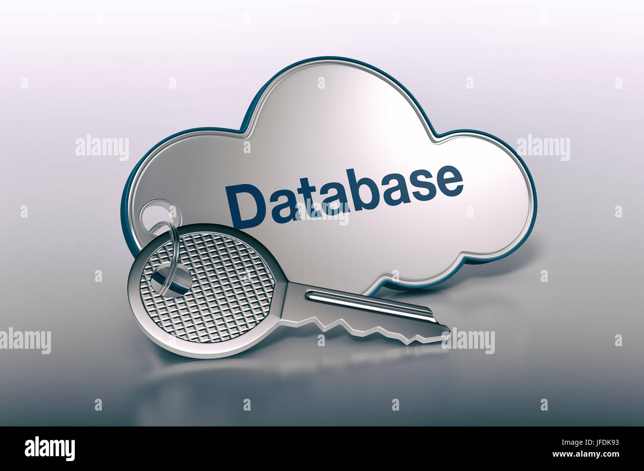 one cloud with a key and text: database, concept of computer, web, network (3d render) Stock Photo