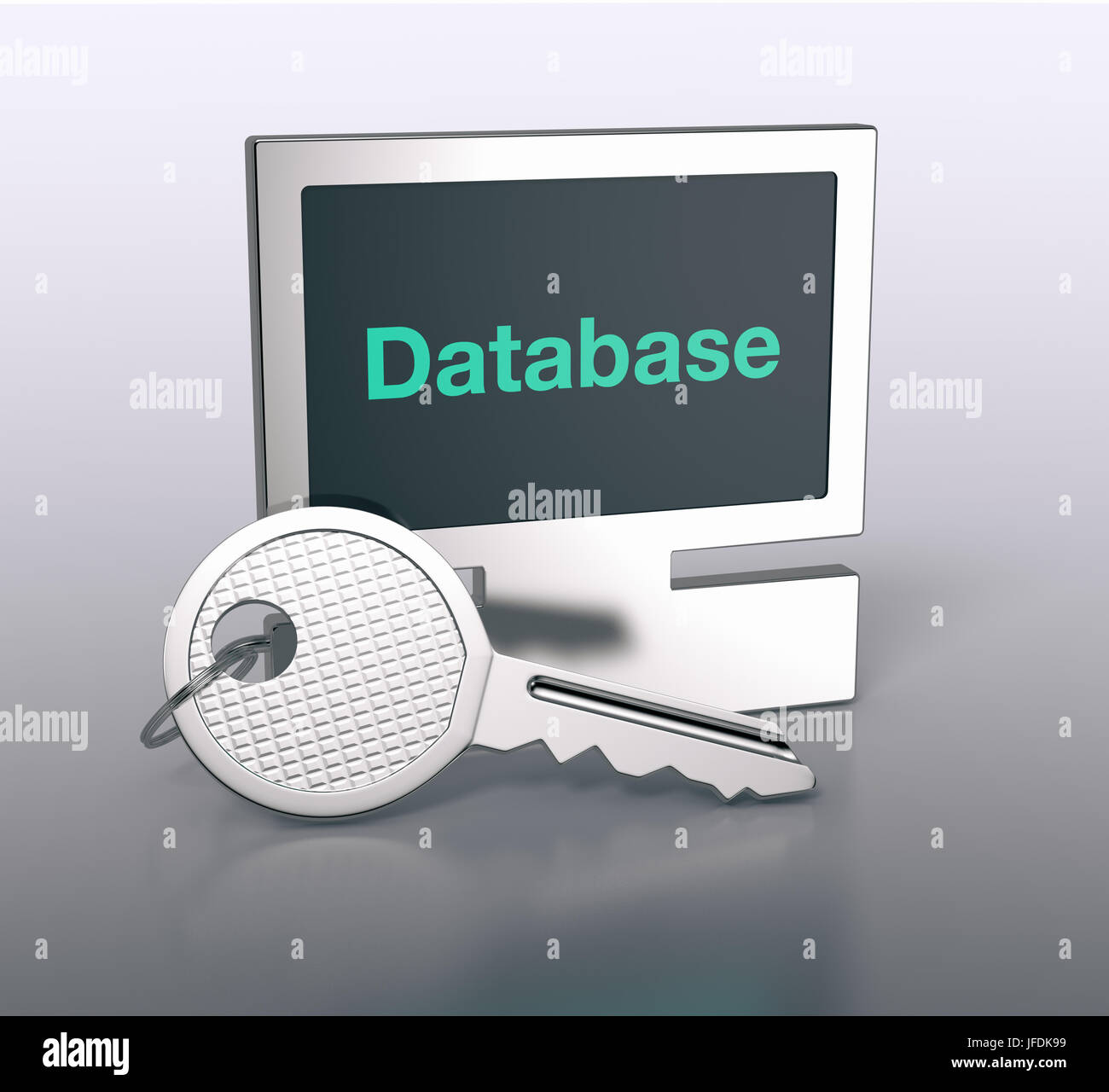 one computer shaped keyring with text, database (3d render) Stock Photo