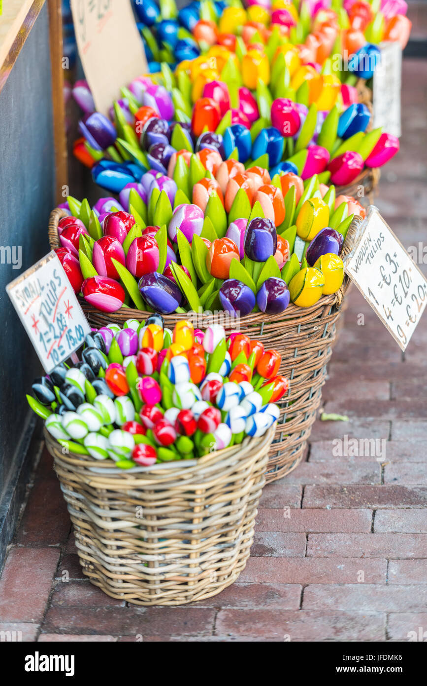 Dutch souvenirs wooden tulips for sale on an Amsterdam market Stock