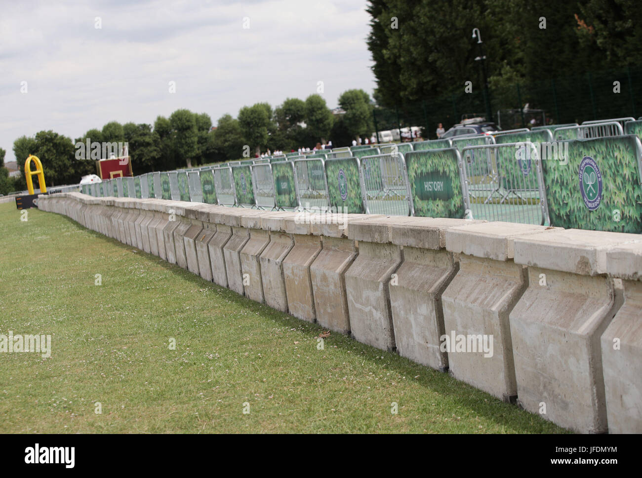 Security barriers and blocks in place at car park 10 in Wimbledon Park