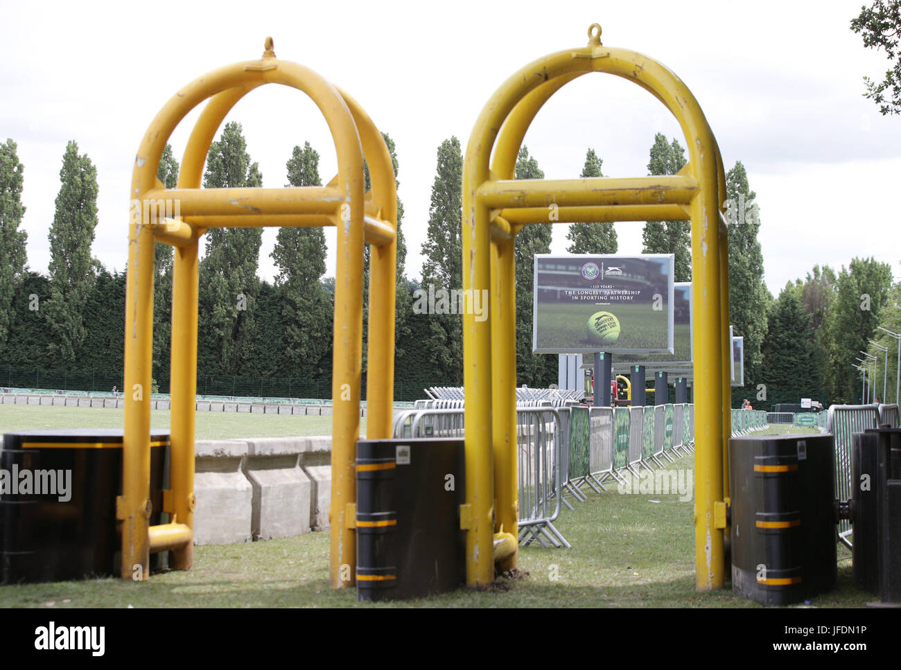 Security barriers and blocks in place at car park 10 in Wimbledon Park