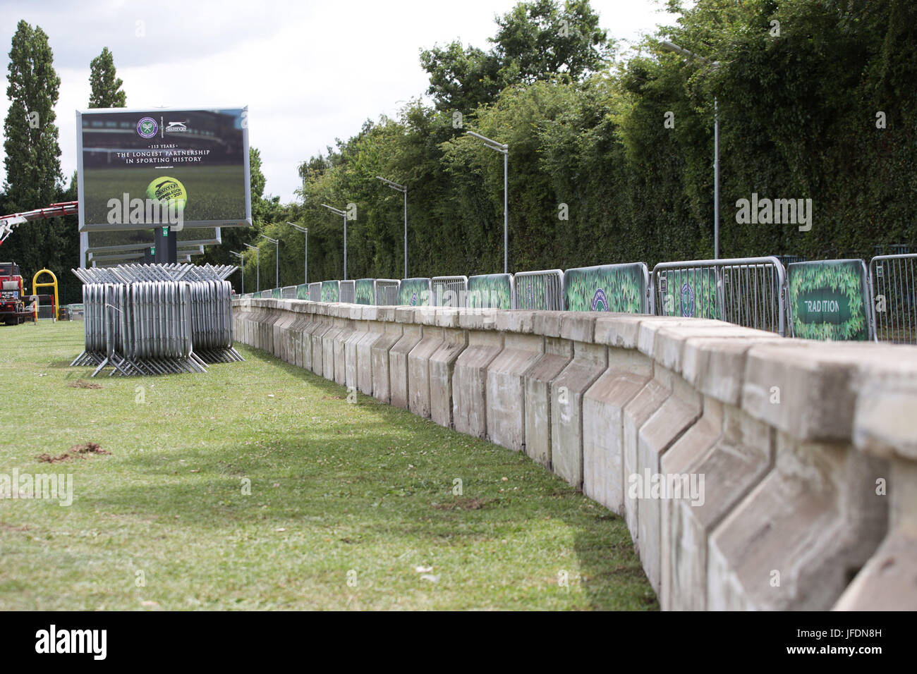 Security barriers and blocks in place at car park 10 in Wimbledon Park