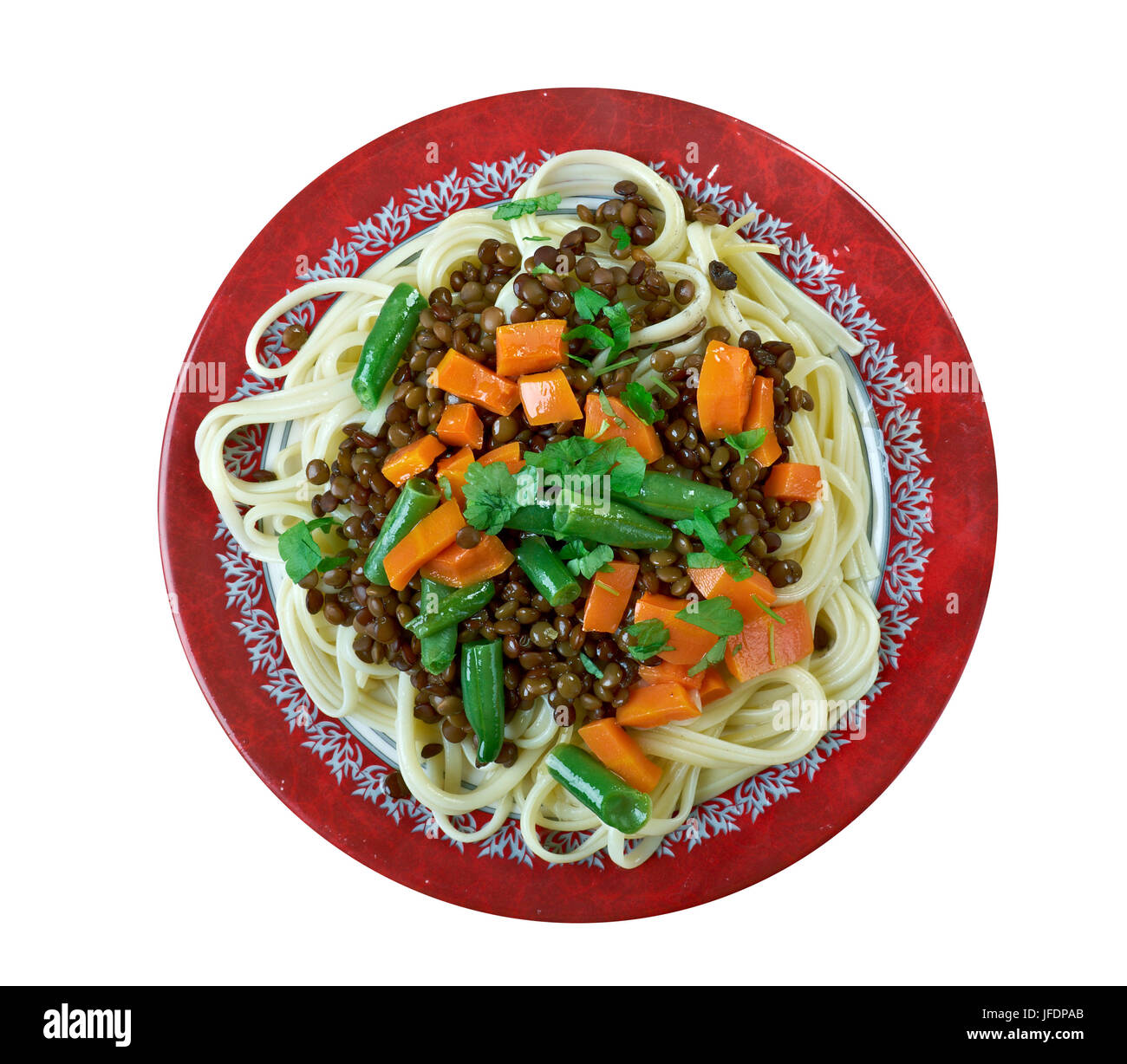 Puy lentil bolognese with pasta Stock Photo