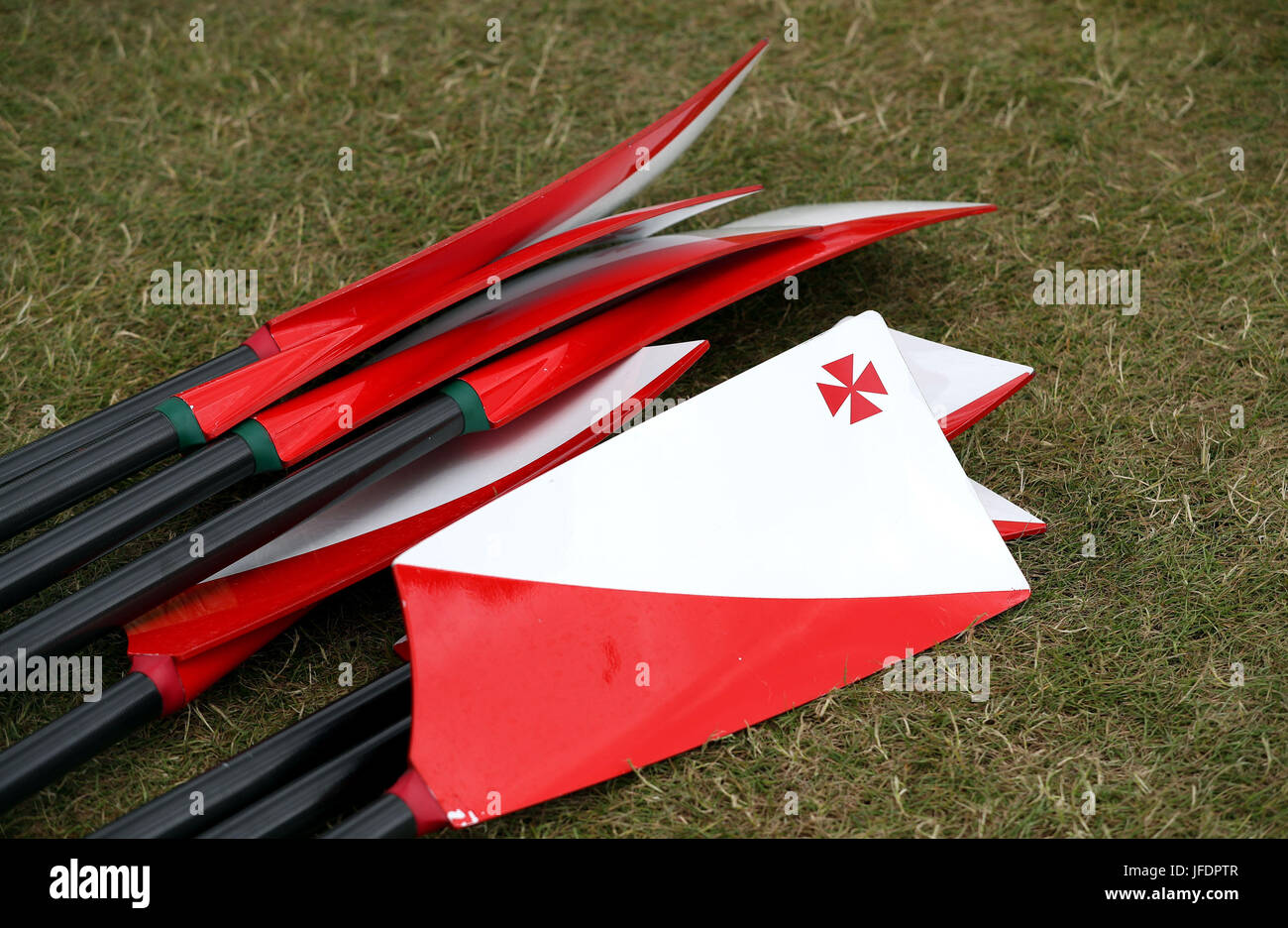 Rowing blades radley college on lawn outside boat club hires stock