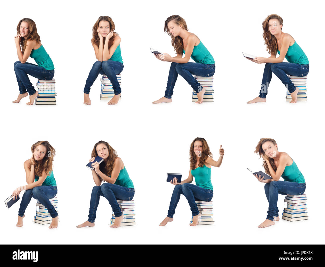 Student sitting on stack of books Stock Photo - Alamy
