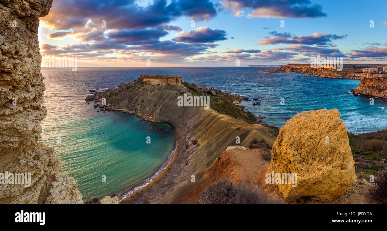 Mgarr, Malta - Panorama of Gnejna and Ghajn Tuffieha bay, the two most