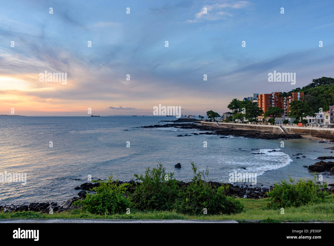 Sunset in Salvador seen from the beach next to the Lighthouse Bar Stock Photo