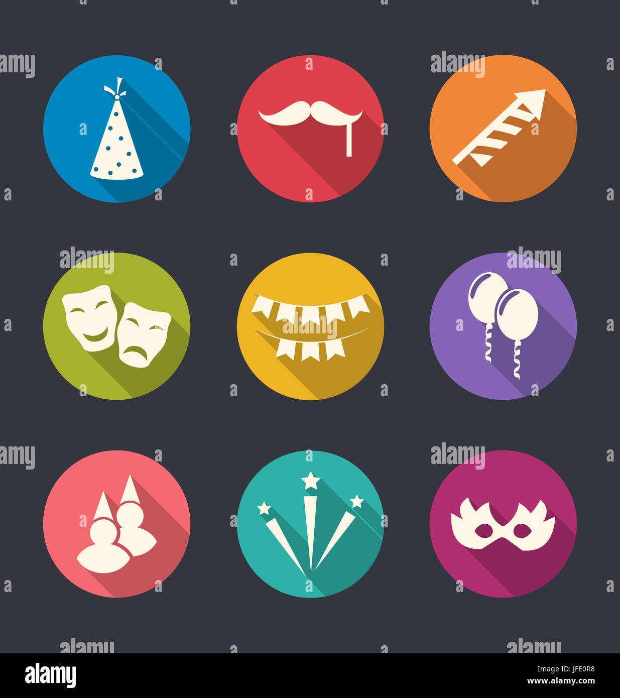 Illustration set flat icons of party objects with long shadows Stock ...
