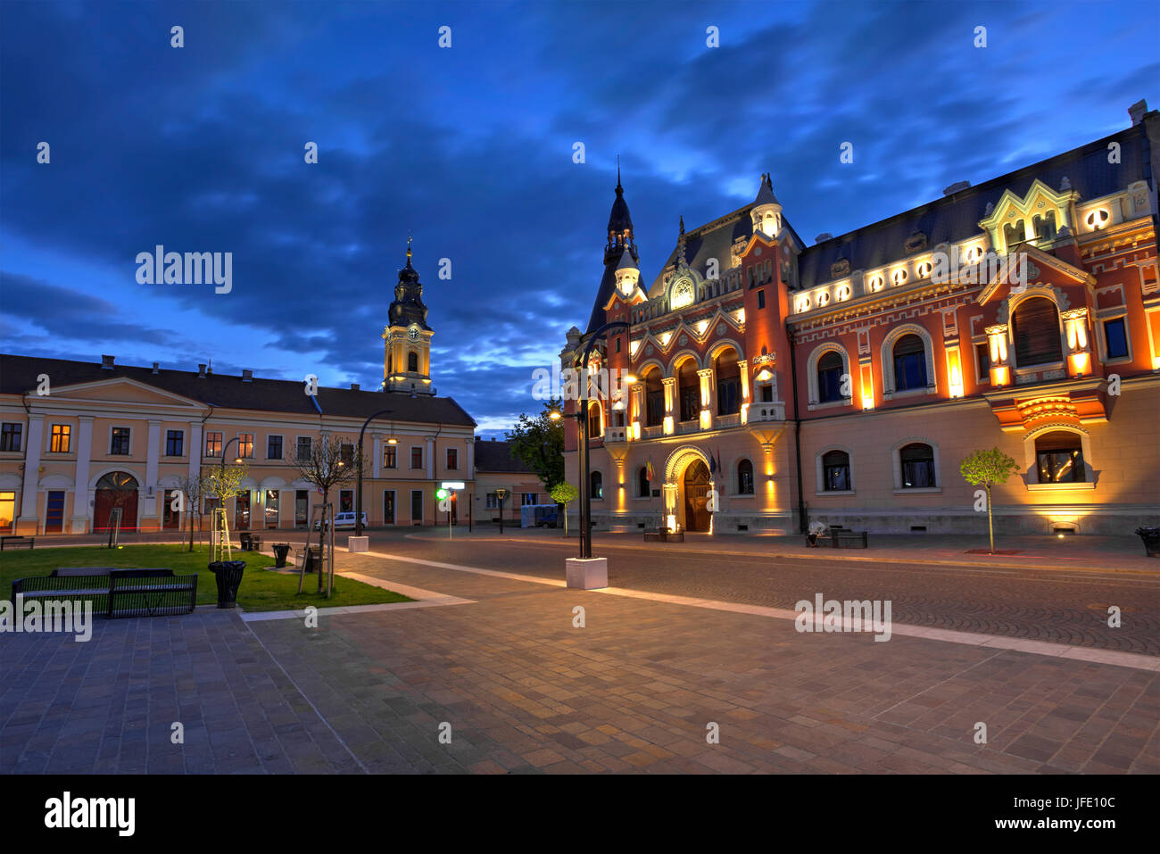 Union square (Piata Unirii) seen at the blue hour in Oradea, Romania