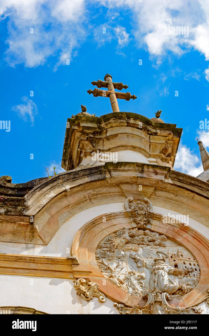 Architectural details of the tower and facade of St. Francis of Assisi Church in Ouro Preto, Minas Gerais Stock Photo