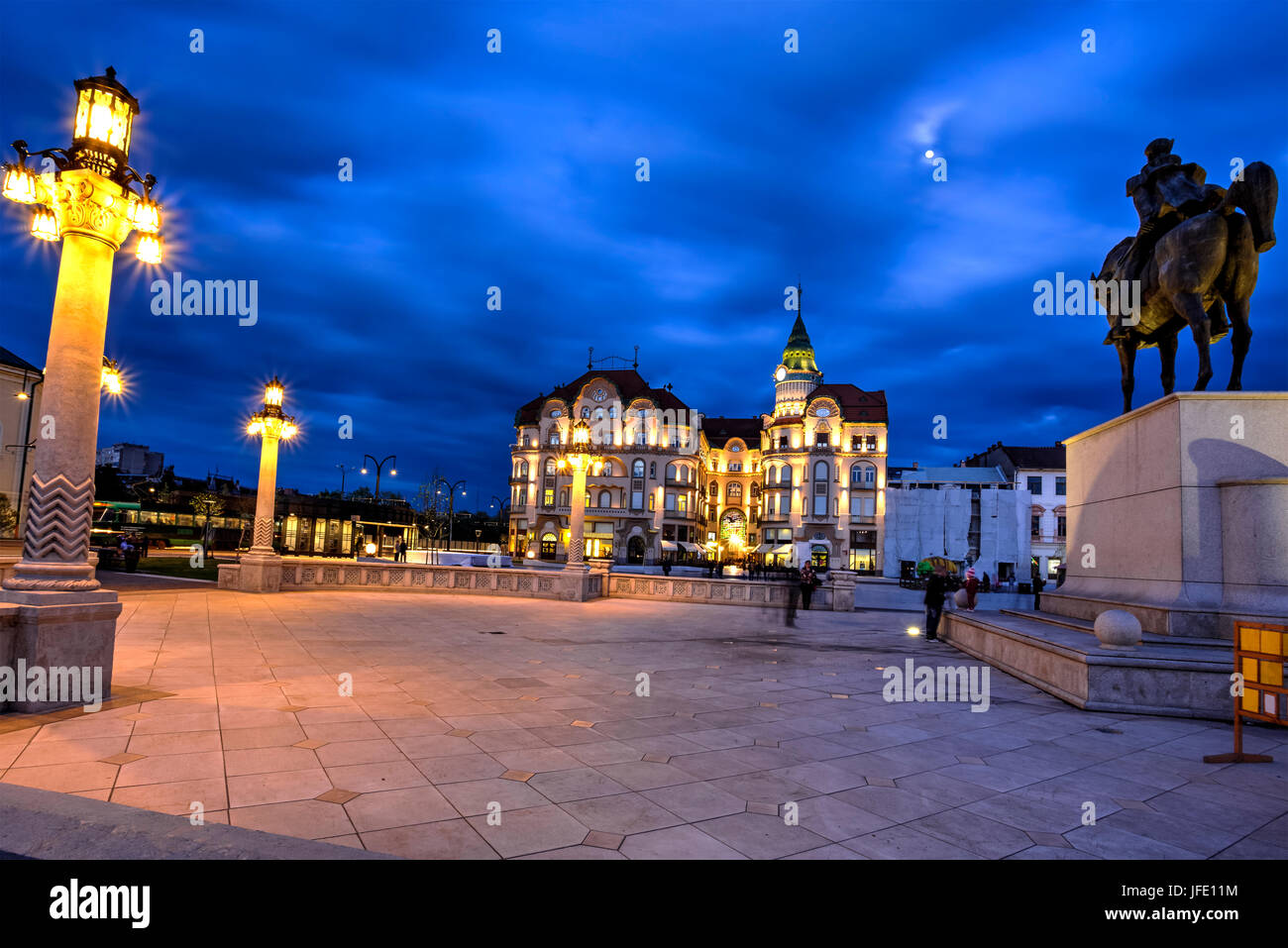 Union square (Piata Unirii) seen at the blue hour in Oradea, Romania
