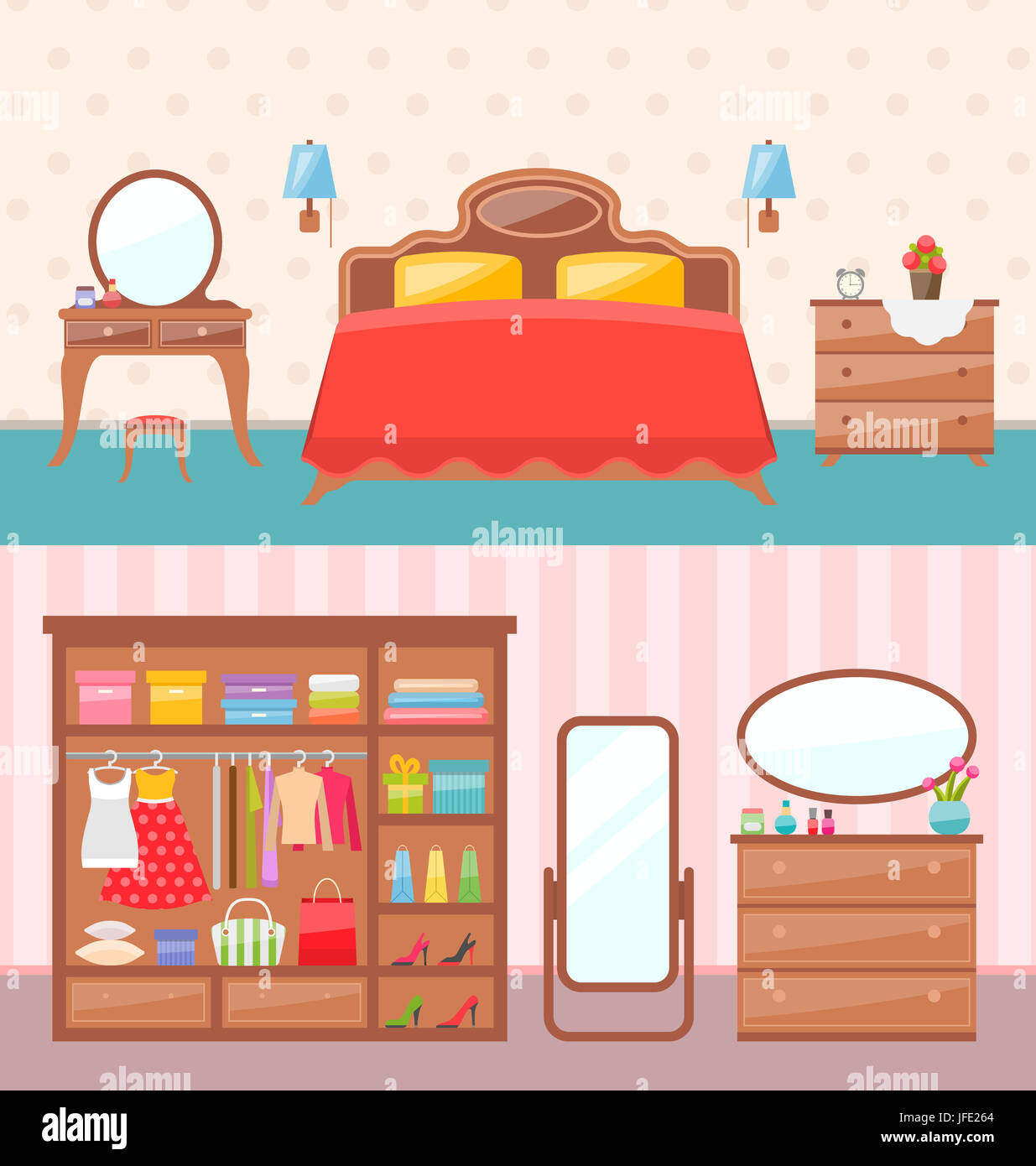 Illustration Flat Design Bedroom Interior With Dresser Wardrobe