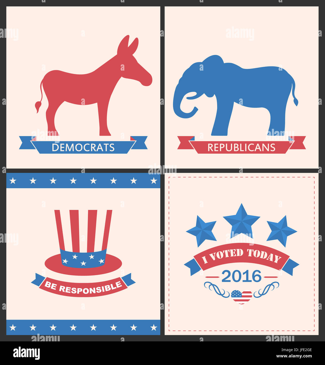 Illustration Retro Cards for Advertise of United States Political Parties. Vintage Flyers with Donkey and Elephant. Vote 2016 - Stock Photo