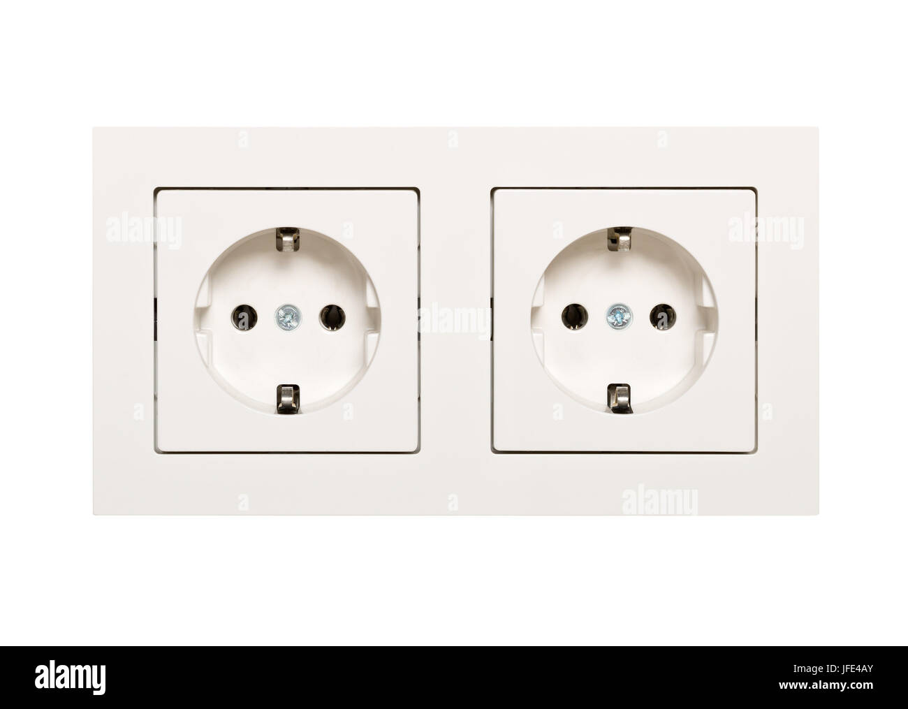 Empty, unplugged european wall outlet close up isolated on white